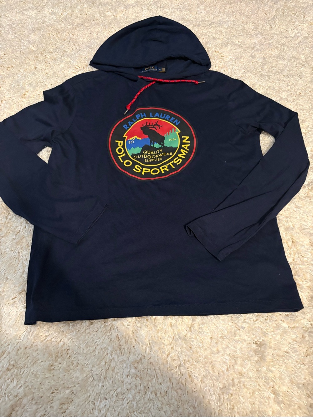 Ralph Lauren Navy Hooded Long-Sleeve Polo Sportsman Shirt with Multicolor Patch